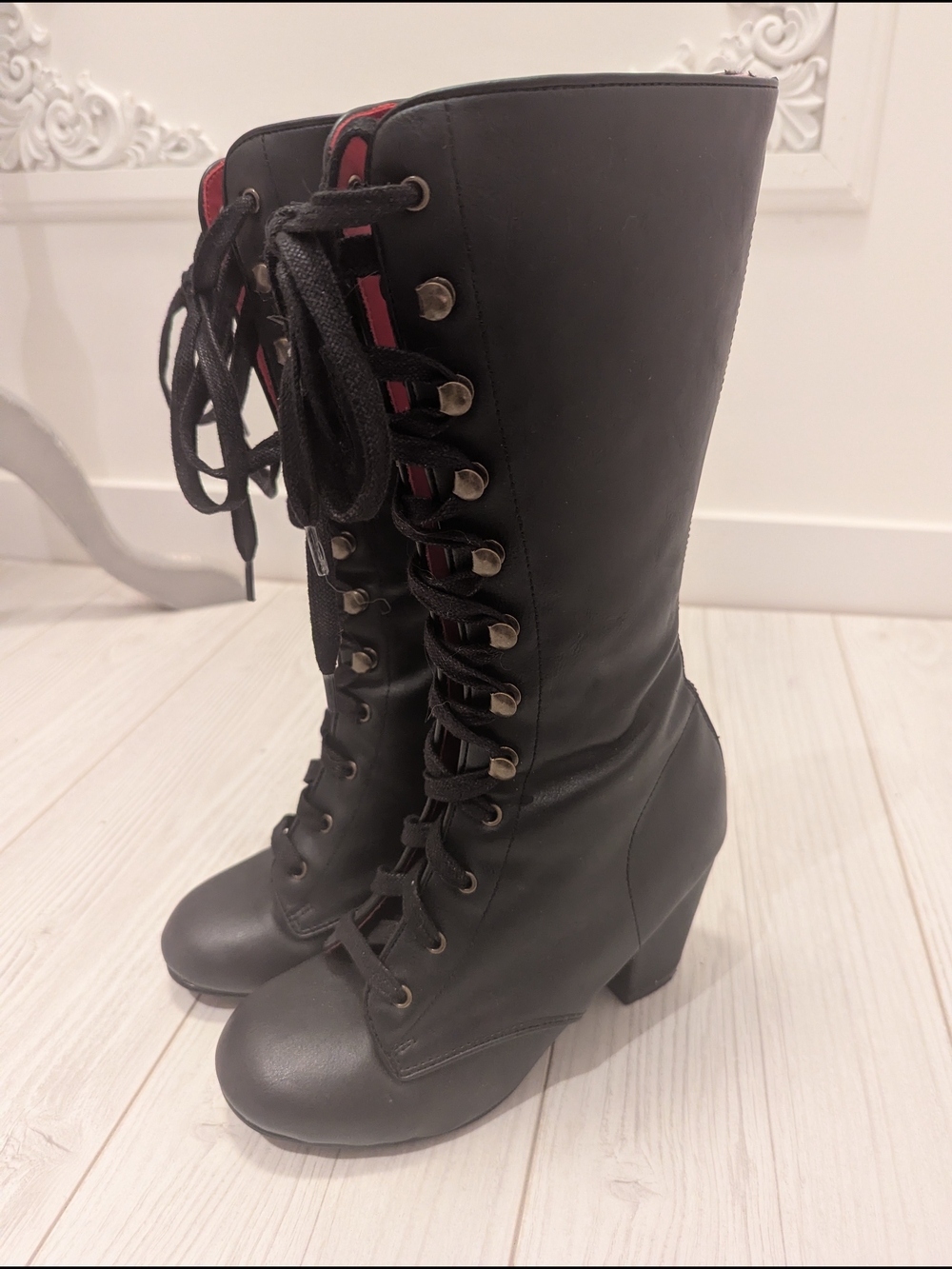 Demonia Vivika-205 Black Lace-Up Mid-Calf Heeled Boots